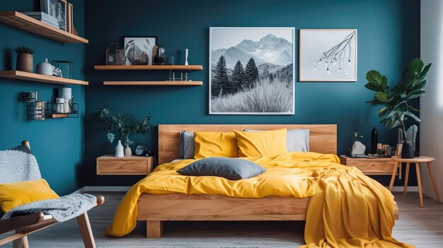 Cozy interior of the bedroom is yellow with blue walls Bedroom in Scandinavian style Generative AI