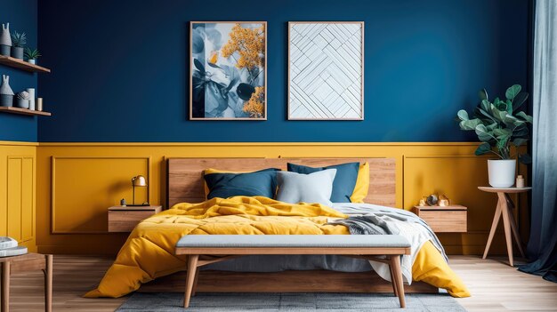 Cozy interior of the bedroom is yellow with blue walls Bedroom in Scandinavian style Generative AI