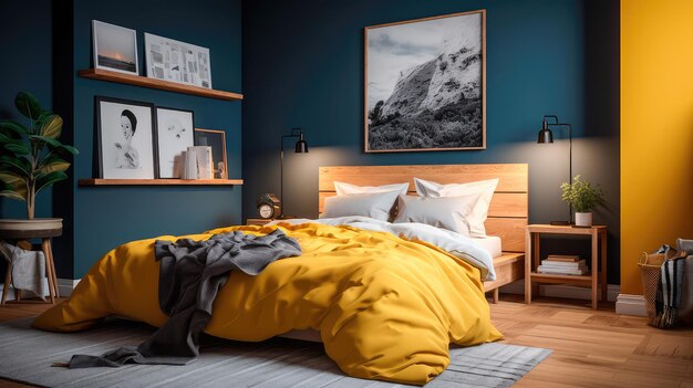 Cozy interior of the bedroom is yellow with blue walls Bedroom in Scandinavian style Generative AI