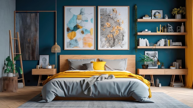 Cozy interior of the bedroom is yellow with blue walls Bedroom in Scandinavian style Generative AI