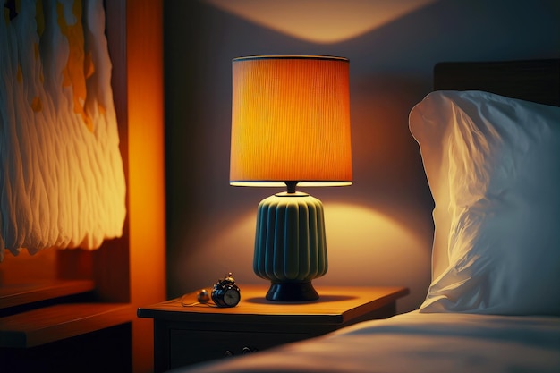 Cozy interior of bedside lamp hotel on table