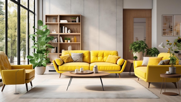 Cozy interior design of modern living room with yellow