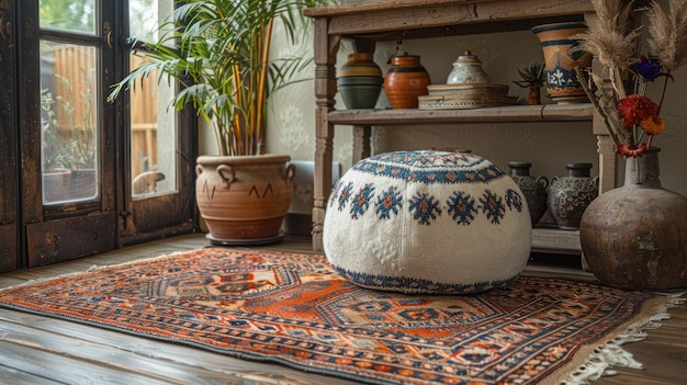 Photo cozy interior design with ottoman and rug