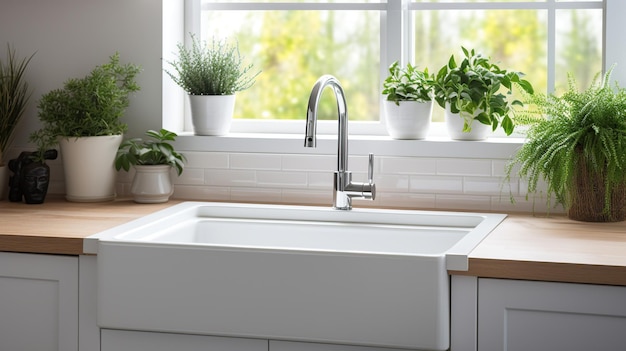 Cozy interior of kitchen with metal sink near window Interior kitchen concept