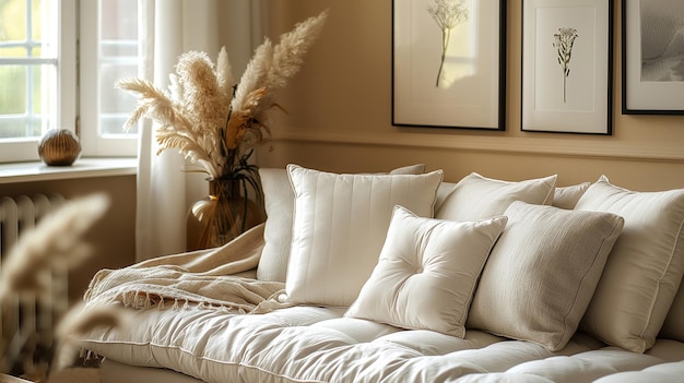 cozy interior of living room nice ambiente white pillows wall with empty picture frames