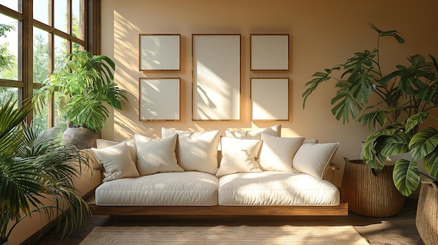 cozy interior of living room nice ambiente white pillows wall with empty picture frames