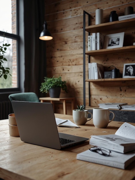 Cozy interior of a modern workplace with a laptop at home in Scandinavian style