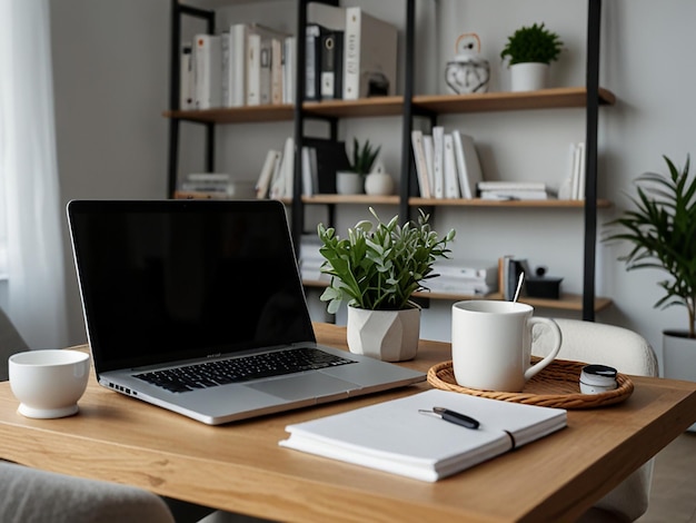 Cozy interior of a modern workplace with a laptop at home in Scandinavian style