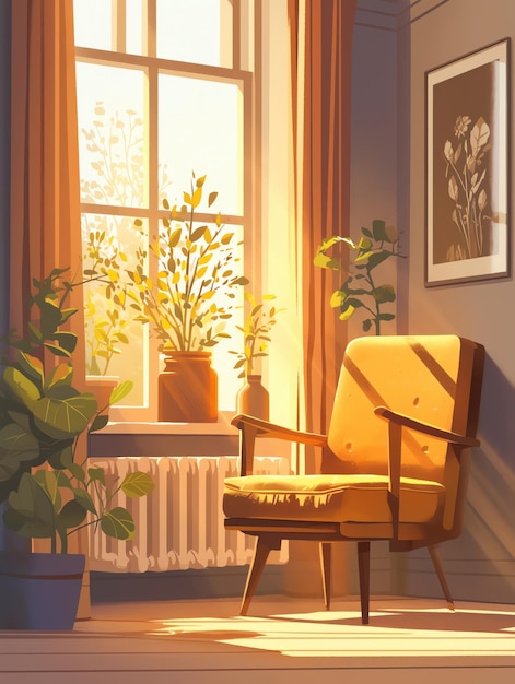 Cozy interior scene featuring a yellow chair plants and warm sunlight streaming through a window