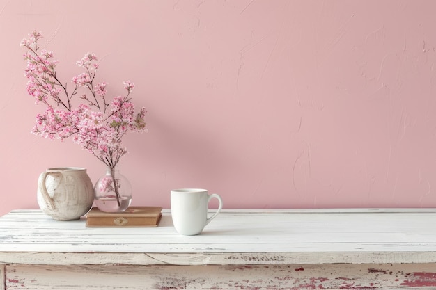 Photo cozy interior with pink wall and fresh flowers on a rustic table during morning light