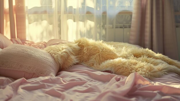 Cozy and inviting bedroom with a soft fur throw on a pink bed