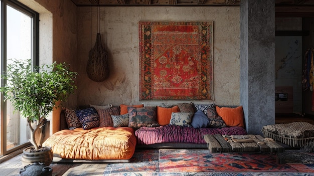 A cozy and inviting bohemian living room interior with a mix of textures and patterns