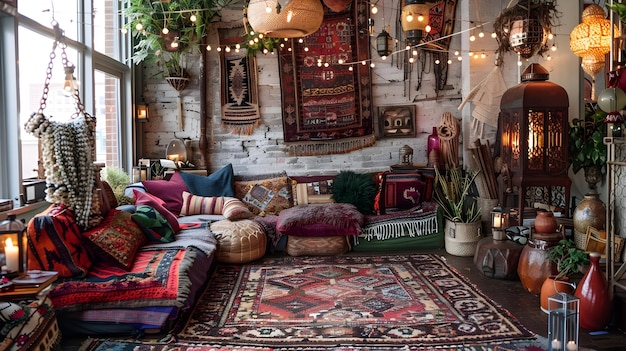 Cozy and Inviting BohoInspired Living Space with Eclectic Decor and Warm Ambiance