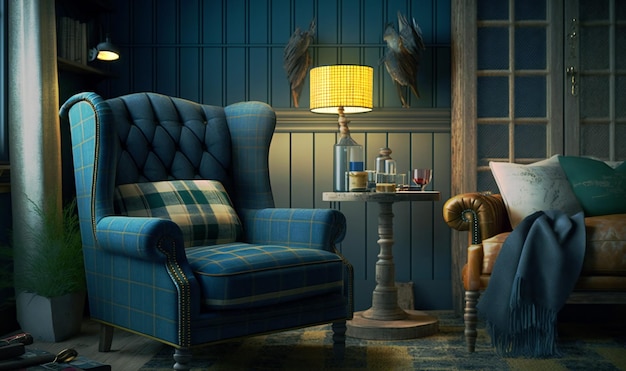 A cozy and inviting living room featuring a charming blue armchair warm yellow plaid and a mix of rattan furniture