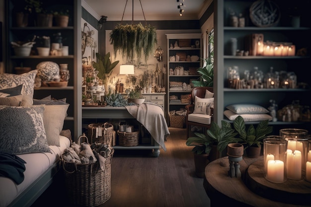 A cozy and inviting shop with a variety of home decor items including candles pillows and vases