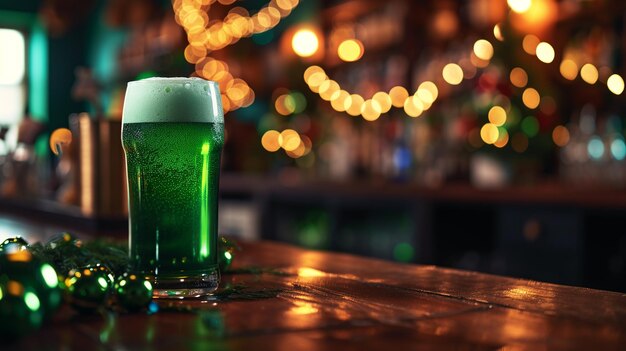 Cozy Irish Pub Saint Patricks Day Background with Green Beer