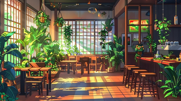 Cozy Japanese Style Caf with Lush Plants and Sunlit Interiors