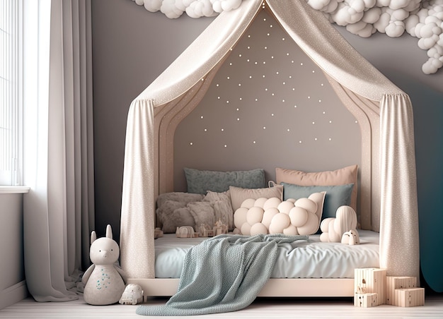 Cozy kids bedroom interior with canopy pillows hanging clouds and lights