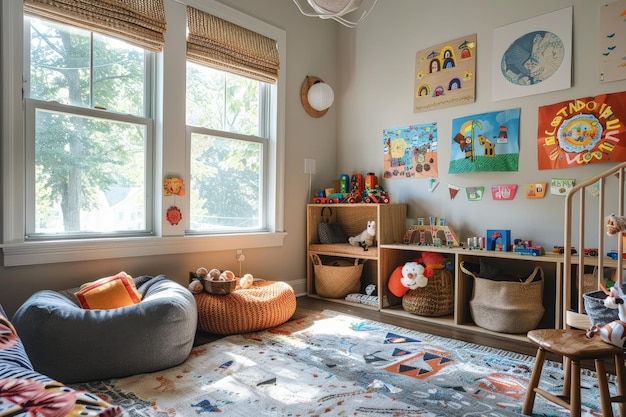 Cozy kids room with wooden furniture colorful posters and natural light