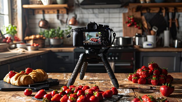 Photo cozy kitchen food photography professional camera capturing delectable strawberries and croissant