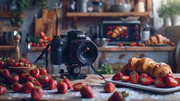 Photo cozy kitchen food photography professional camera capturing delectable strawberries and croissant