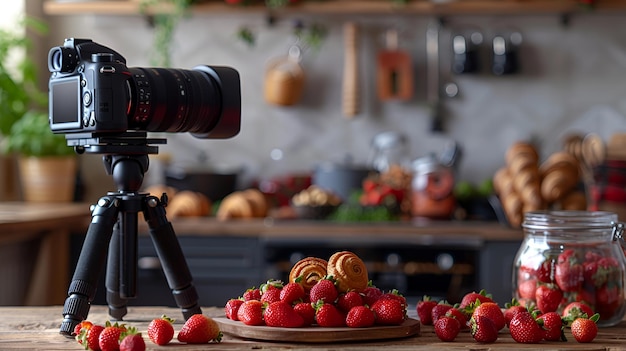 Photo cozy kitchen food photography professional camera capturing delectable strawberries and croissant