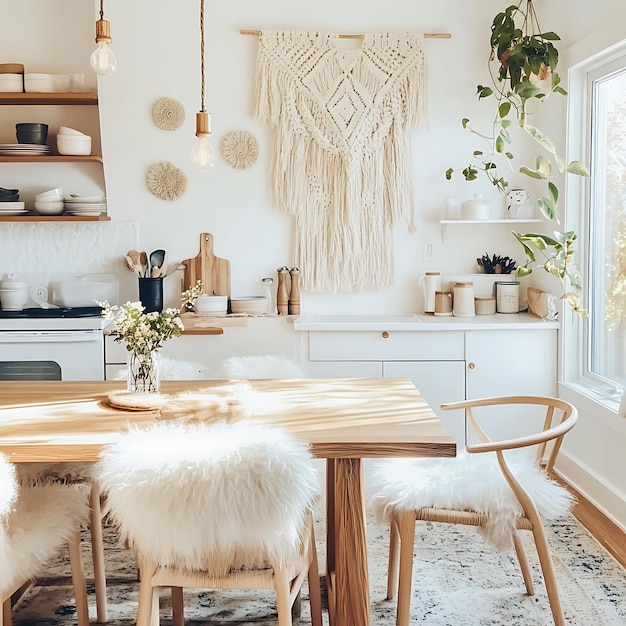 Photo cozy kitchen nook with macrame wall hanging wooden table and fluffy chairs