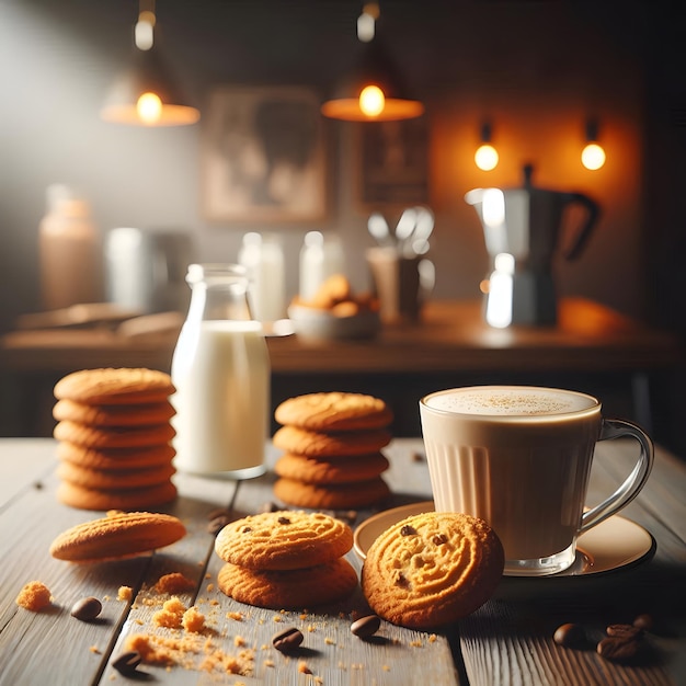 A cozy kitchen scene with a baking theme featuring freshly baked cookies