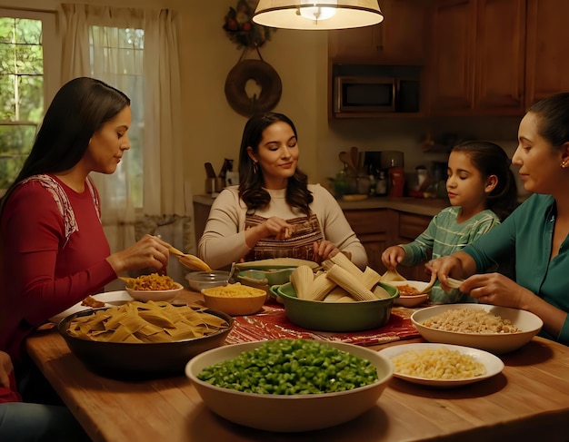 A cozy kitchen scene with a family gathered around a table preparing tamales together