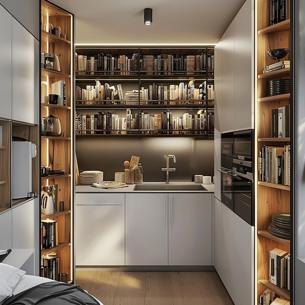 Cozy kitchen with a book rack perfect for reading and relaxation