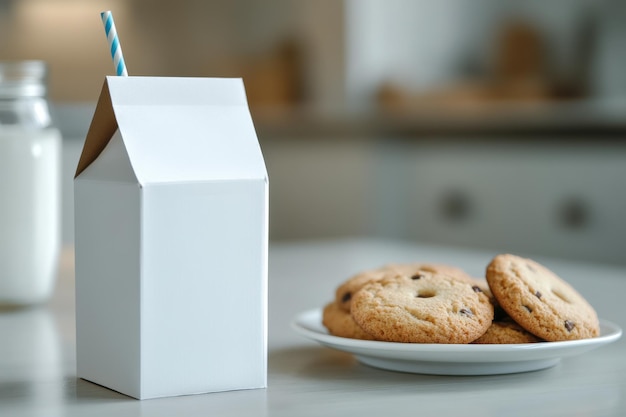 A cozy kitchen with fresh cookies and a carton of milk on the table ready for a snack