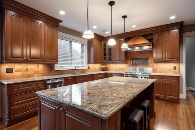 Cozy kitchen with wooden furniture and facades an island table with a marble worktop