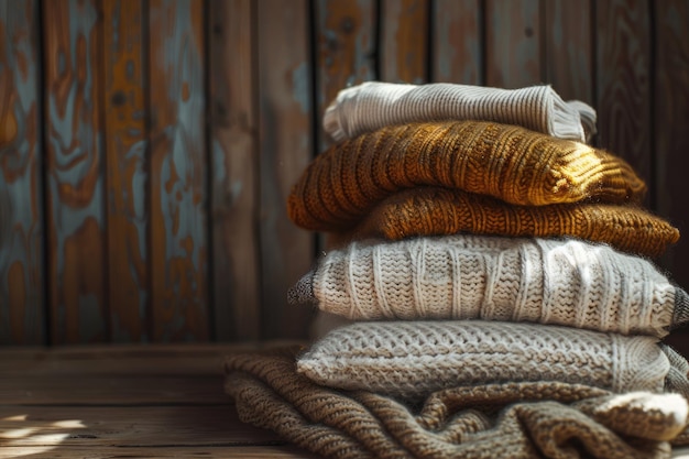 Cozy knitted sweaters on rustic wooden background Casual autumn wardrobe