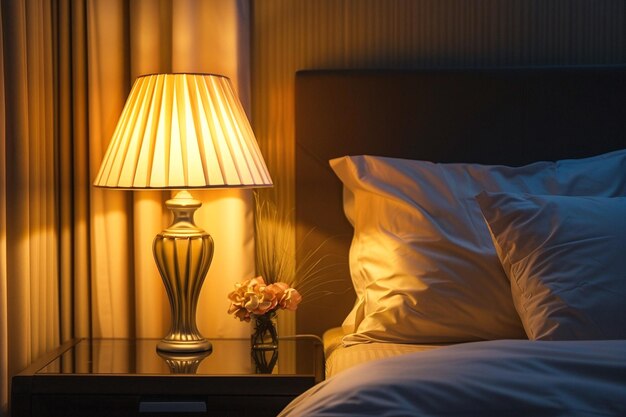 Cozy lamp standing on the bedside table creates a pleasant atmosphere in the room before bed