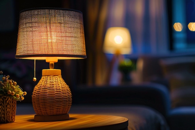 Cozy lamp standing on the bedside table creates a pleasant atmosphere in the room before bed