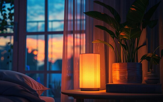 Cozy lamp standing on the bedside table creates a pleasant atmosphere in the room before bed