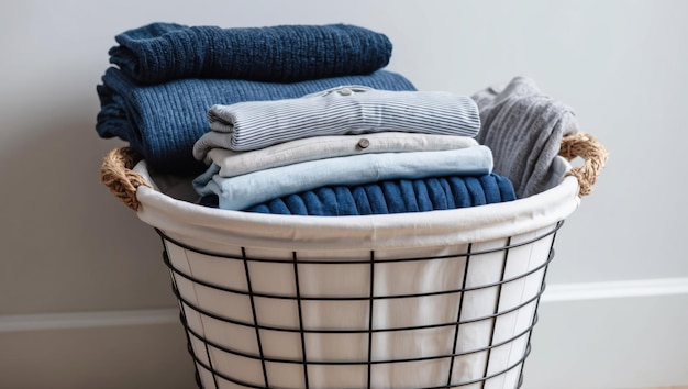 Photo a cozy laundry basket filled with neatly folded clothes in a bright space