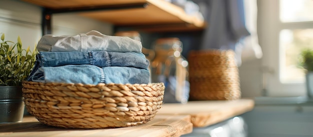 Photo cozy laundry room with folded clothes in woven basket on wooden shelf in sunlit home interior