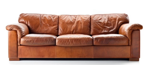 Cozy leather sofa with three seats on a white background