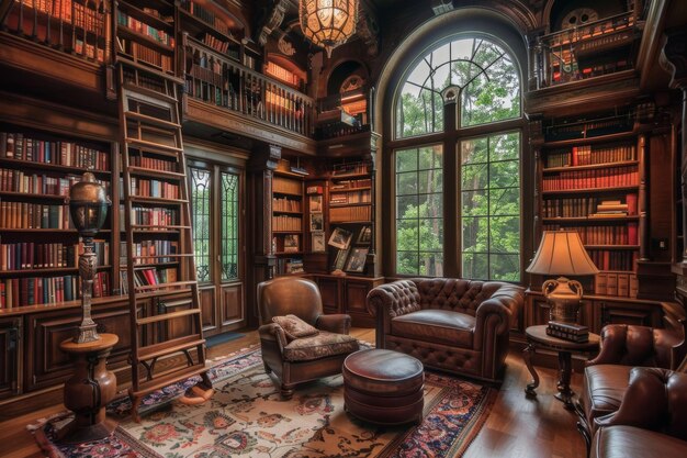 Cozy Library Interior with Tall Bookshelves Ladder and Comfortable Seating for Reading and Relaxation