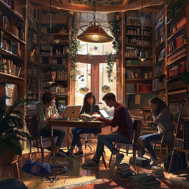 Cozy Library Study Session with Friends