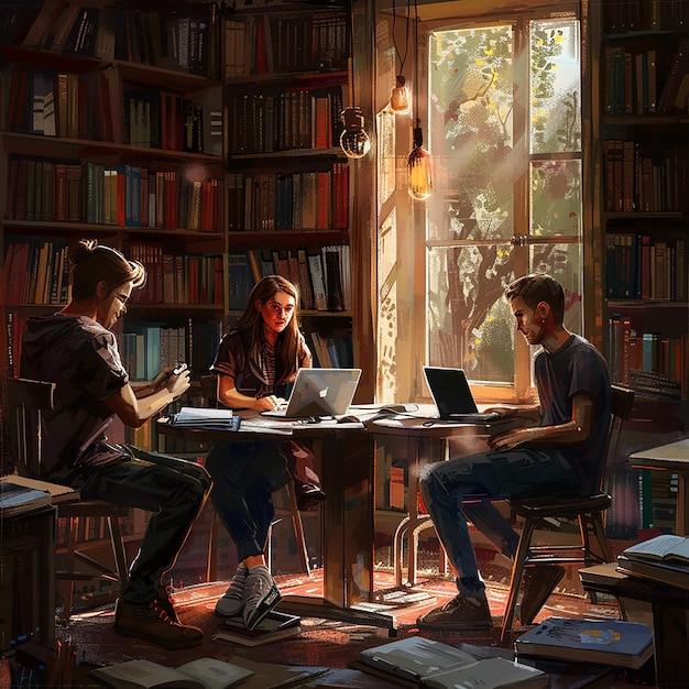 Cozy Library Study Session with Friends