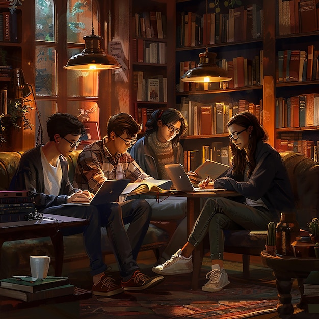 Cozy Library Study Session with Friends