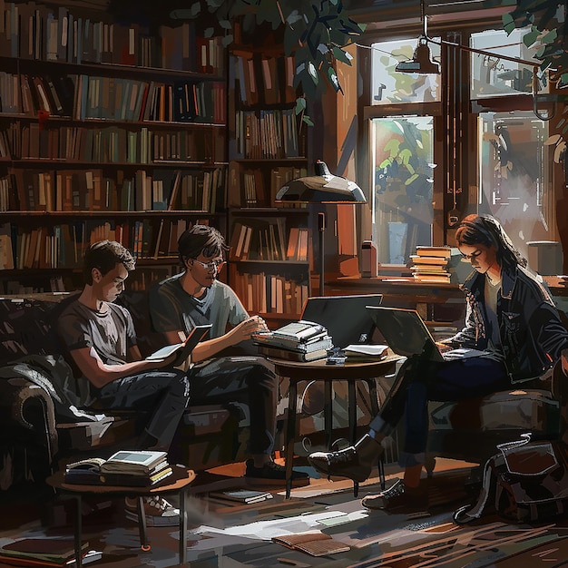 Cozy Library Study Session with Friends