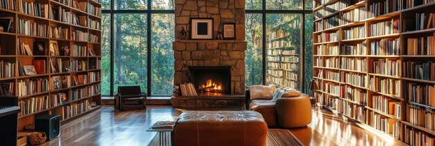 Cozy Library with Fireplace and Large Windows A cozy library with floortoceiling bookshelve