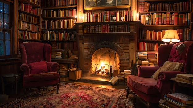 A cozy library with a fireplace and two armchairs The perfect place to relax and read a book