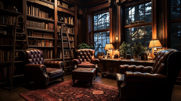 Cozy Library with Leather Armchairs and Wooden Bookshelves