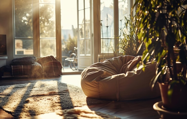 Photo a cozy light founder beanbag as a furnishing item in a family furnished living room sunshine falling through the windows beautiful mood happy summer