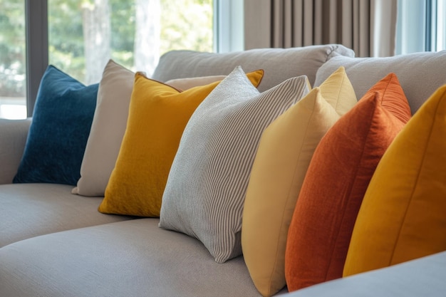 Photo cozy living room adorned with colorful pillows in a bright sunny space