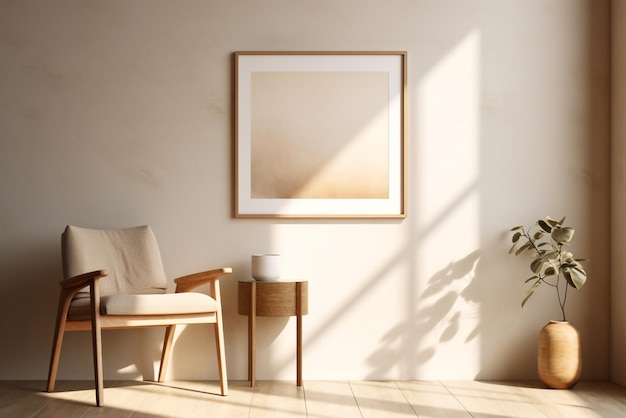 Cozy living room beige interior with mock up poster frame template on wall wooden comfortable chair